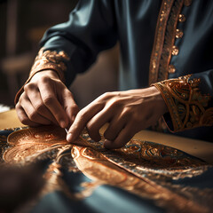 Wall Mural - A close-up of a tailor sewing intricate details on a piece of fabric