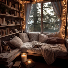 Sticker - A cozy reading nook with a blanket and books. 