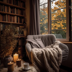 Wall Mural - A cozy reading nook with a blanket and books. 