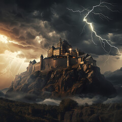 Canvas Print - A dramatic thunderstorm over an old castle on a high cliff