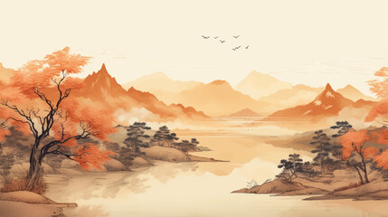 Wall Mural - Abstract beautiful traditional chinese or japanese temple house hill with river, cloudy and mountain scenery landscape watercolor painting wallpaper oriental background. Clouds, mountain, river