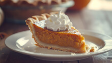 A Close-up Of A Plate Of Freshly Baked Pumpkin Pie, With Details Of The Pie's Flaky Crust, The Rich Filling, And The Whipped Cream Topping.