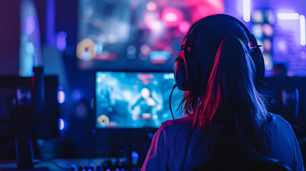 Backview of Esport Female Fully Indulge in Game, Engaging in a Complex Strategy Game, Highlighting the Mental Agility and Quick Thinking Required in Esports. es sport gamer championship.

