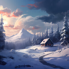 Wall Mural - A serene snow-covered landscape with a solitary cabin