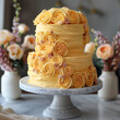 wedding cake with yellow buttercream  flowers,desserts, cake with buttercream roses, flowers, pastries, bakery, wedding, 