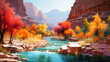 A watercolor painting of a river flowing through a canyon with trees in vibrant autumn colors and red rock formations.
