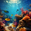 Underwater scene with coral reefs and exotic fish.