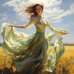 Wall Mural - Woman in a flowing dress dancing in a field. 