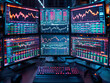 Trading room full of monitors displaying real-time financial market data and analysis