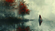Mystical figure in foggy landscape, surreal art, symbolizes solitude and mystery.

