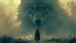 Red riding hood and wolf in misty forest, depicts fairy tale and mystery.
