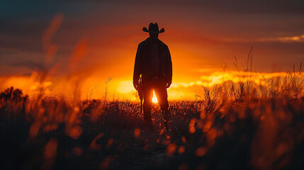 Wall Mural - Silhouette of a lone cowboy against a dramatic sunset, embodying the spirit of the wild west.
