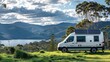 A campervan parked in a picturesque location with a solar panel array installed on its rooftop providing sustainable electricity for . AI generation.