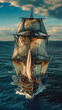 A vintage ship sails on a calm sea at sunset, showcasing the grandeur of exploration, concept: maritime adventure.
