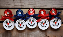4th Of July Snowmen Made From Beer Can Caps, Red White And Blue Ribbon Bows
