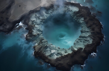 Wall Mural - Aerial view of an isolated island with a giant, round crater filled with water and surrounded by black sand on the shore