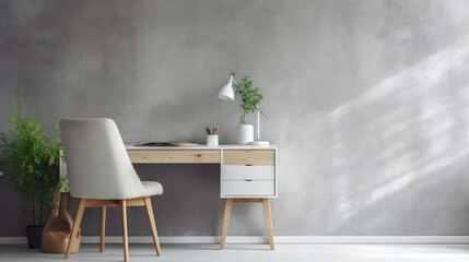 Wall Mural - Home workplace with wooden drawer wring desk and white chair against window near grey wall. Interior design of modern scandinavian home office. Generative AI