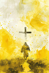 Poster - Yellow splash watercolor of Jesus Christ walking on clouds