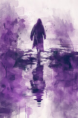 Wall Mural - Purple splash watercolor of Jesus Christ walking on water