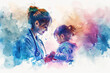 Colorful watercolor of female doctor giving attention and care to child