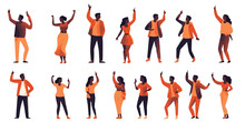Vector Silhouette Of A Crowd Of People Watching A Music Concert In Front Of The Stage With Cheering And Waving Hands, Suitable For Poster, Banner Or Advertising Elements For Concerts And Parties