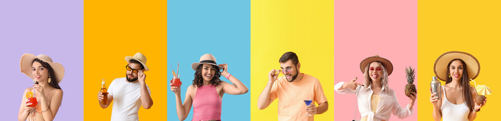 Wall Mural - Group of happy young women during summer party on color background