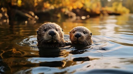 Sticker - Enchanting Otter Duo: Playfully Drifting Hand in Hand through Aquatic Serenity, Embracing Whimsy and Grace in Nature's Liquid Realm