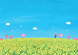 草原と桜の木と菜の花の風景水彩画