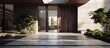 Capture of a contemporary residence's doorway featuring a sturdy wood door and a pathway made of polished stones