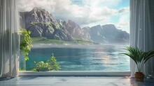 view from the window to the ocean and mountainous. seamless looping overlay 4k virtual video animation background