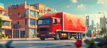 A Red Semi Truck With Shining Automotive Lighting Is Rolling Down An Asphalt City Street Under A Cloudy Sky, Showcasing Its Large Wheels And Tires