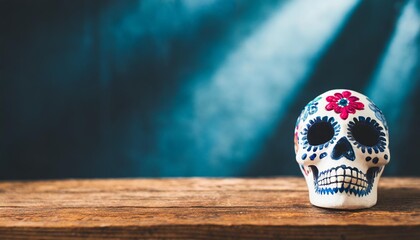 ooden table with sugar skull blurred background day of the dead in mexico altar of the dead background for advertisement or temporary promotion