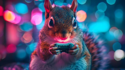 A whimsical squirrel holds a game controller, intensely playing a video game against a bokeh light background.