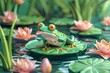 A geometric-styled frog rests on a lily pad in a tranquil pond dotted with blooming water lilies, exuding calm and creativity.