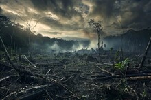 Lush Rainforest Transformed Into Barren Land, A Vivid Portrayal Of Deforestation And Biodiversity Loss Impact