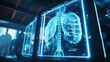 Futuristic lab showcases holographic X-ray of PM 2.5-laden lungs, emphasizing health risks.