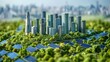 Green Technology Integration: Conceptual illustration of smart cities incorporating renewable energy solutions like solar panels and electric vehicles for a sustainable future.