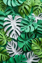 Wall Mural - 3d white and green geometric floral tropical leaves tiles wall texture background