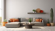 © Fang - Minimalist home interior design of modern living room. Grey corner sofa with terracotta pillows and big round wooden coffee table against window. Generative AI