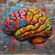 Graffiti font wall shaped like a brain, vibrant colors, street view, in an edgy, urban contemporary art style, hyper realistic, low noise, low texture, up32K HD,
