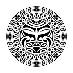 Wall Mural - Round tattoo ornament with sun face maori style. African, aztecs or mayan ethnic mask. Black and white.