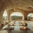 Evoke a sense of spiritual connection and mindfulness through a unique low-angle perspective of a yoga retreat, incorporating elements like soft natural lighting and subtle earth tones