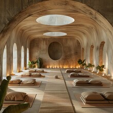 Evoke A Sense Of Spiritual Connection And Mindfulness Through A Unique Low-angle Perspective Of A Yoga Retreat, Incorporating Elements Like Soft Natural Lighting And Subtle Earth Tones