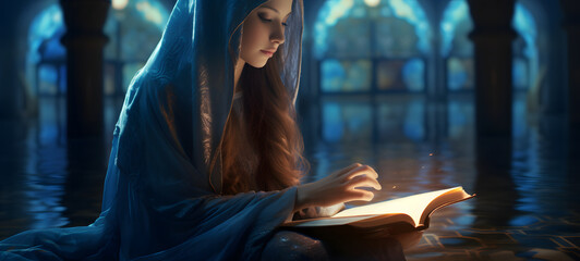 woman in a scarf reading the holy book in the mosque, ai generative