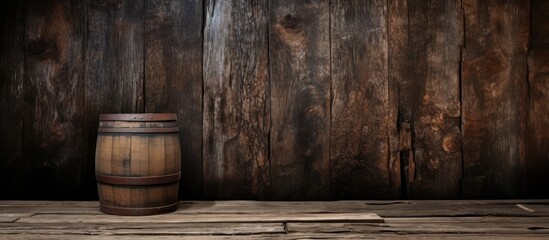 Wall Mural - A wooden barrel rests on a hardwood plank table against a varnished wooden wall. The natural wood stain complements the rustic setting