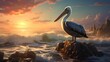 Graceful Pelican: Majestic Bird Perched on a Rocky Outcrop Amidst Flowing River Waters, Captivating Natural Beauty and Serenity