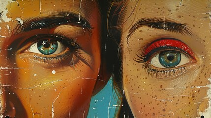 Wall Mural - Pop art-style close-up showing a father and daughter, with clashing colors that hint at underlying conflict