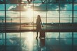 Silhouette of a woman at the airport - A woman traveler is silhouetted against a large window in an airport terminal with the golden hues of the sunrise and airplanes in the backdrop