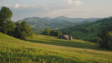 Fototapeta Na ścianę - landscape in the summer, A serene and picturesque countryside landscape with rolling hills and a farmhouse 