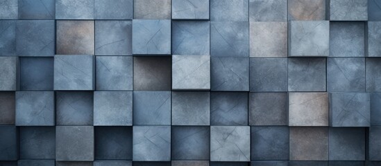Wall Mural - A closeup of a grey rectangular wall made of composite material with blue tinted square tiles creating an electric blue facade